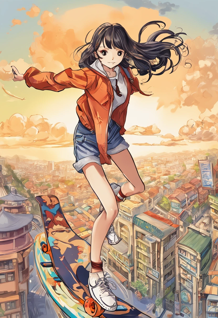 Girl Standing On Skateboard，flying though the air，overlooking a city，There are roller coaster tracks all over the city。Presents a wormeye perspective，Based on the work of Eiichiro Nakata in Weekly Shonen《One piece》Cover art style is style。