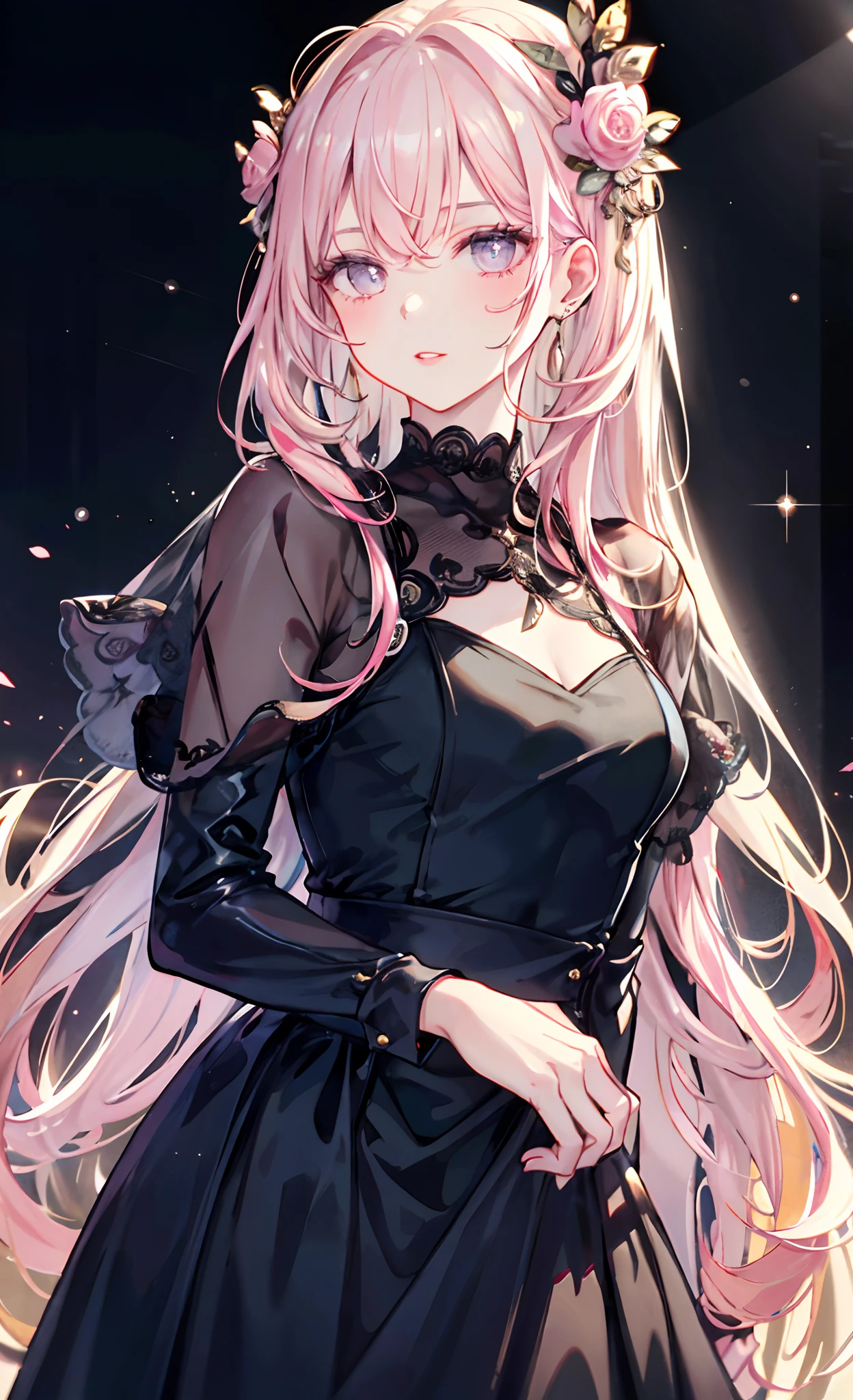 meticulous portrayal of face，1 noblewoman，a matural female，Black dress long dress，(Pink White Long Hair)，(dark night background+)，Prom，Court etiquette，  s the perfect face， Perfect lips， perfect  eyes， Perfect background