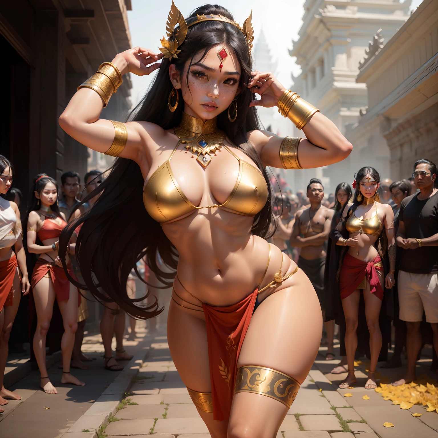 Female Khmer warrior, long black hair, dark brown tanned, Armour on, bangles, Angkor temple, full body, holding weapon, sexy tied hair up, crowd on the head, wearing jewelry, Sak yant tattoos on the arm, curvy body, wear red sarong outfits, dark skinned, cute face, big lips, Diamond shape faces, wide nice nose, defined features on the face, apsara jewelry on, gold leaves jewelry, fighting at war, freckles face, Madonna beauty moles