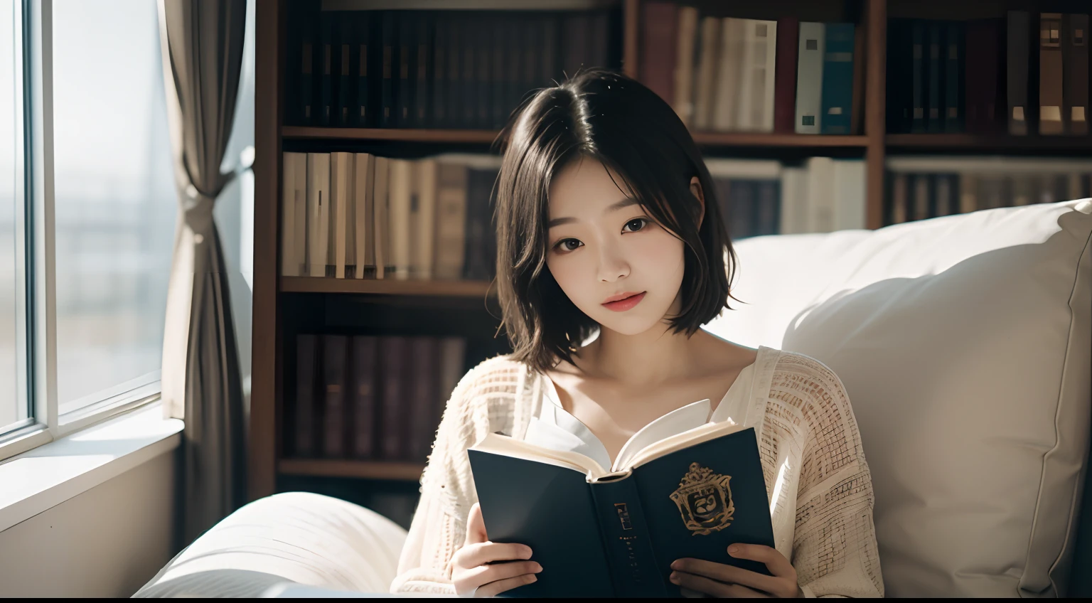 A woman reading a book in a library、shift dresses、Natural light,canon 6d,real photograph,detail-rich,short detailed hair,HD imaging