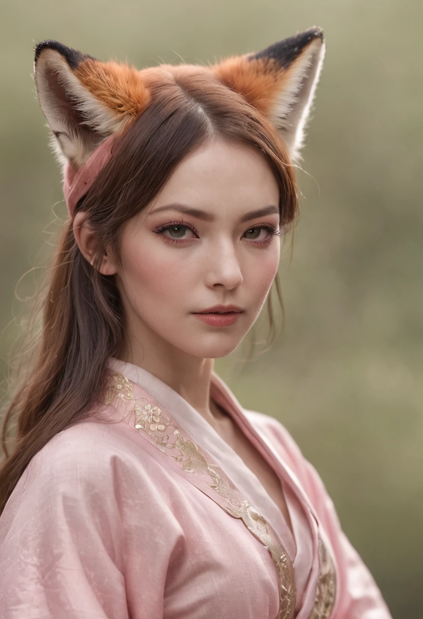 Fox woman,Pink kimono,Thunder element,contempt eyes,