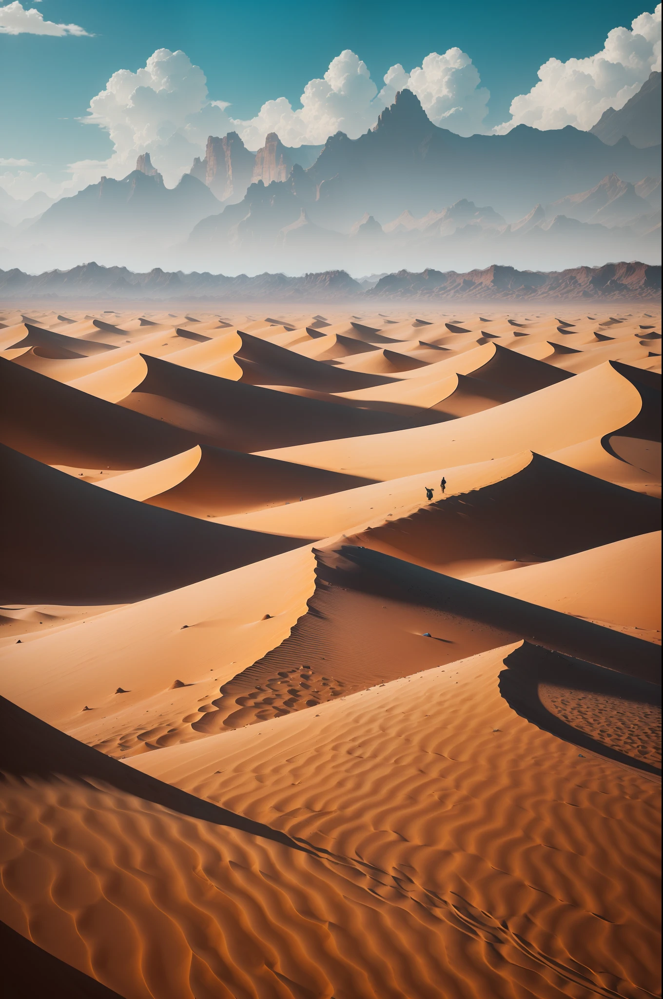 I'm in the middle of a vast desert,In front of you are endless sand dunes and peaks。The dunes soar into the clouds,Some even reach a height of hundreds of meters。The peaks are like some protruding peaks,Shapes vary,Some are like green gemstones inserted between the dunes。
The desert is very windy,Often with yellow sand and stones,It made me feel a little uncomfortable。But,Over here,I saw the presence of some life force。Some plants tenaciously grow between the dunes,There are also some birds that jump and frolic on the dunes。
I kept going,Walk through some small valleys and steep hills。Over here,I saw some caves and mountains,The mouth of the cave emits a faint glow,Mountains are like pale lines,Outline the desert。
The scene in the desert is monotonous though,But they have a unique beauty。The desert here is full of mystery and tranquility,It made me feel the greatness and wonder of nature。