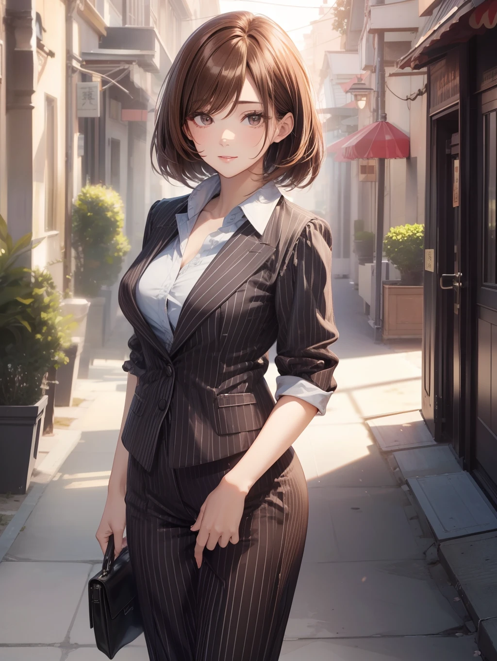 Best Quality, masutepiece, beautiful mature women、Beautiful face、Strong-minded woman、Office Suits、brown haired、Brown-eyed、Bob Hair、40 years、adult lady、Full body like、outside of house
