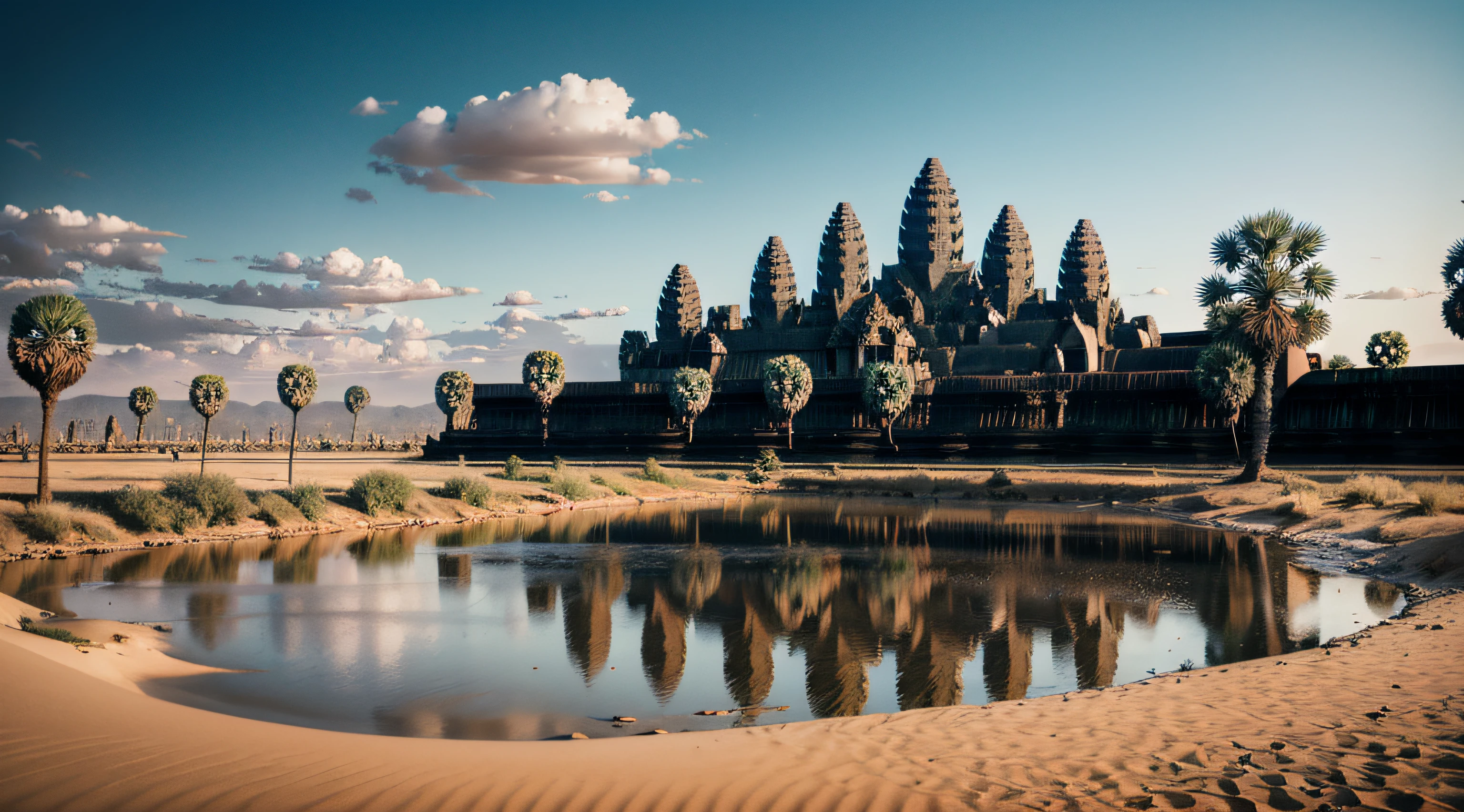 angkor wat in the desert sand, small water, small lake, realistic landscape, wide shoots photo landscapes, blue sky, 8k, realistic texture, high quality photo,