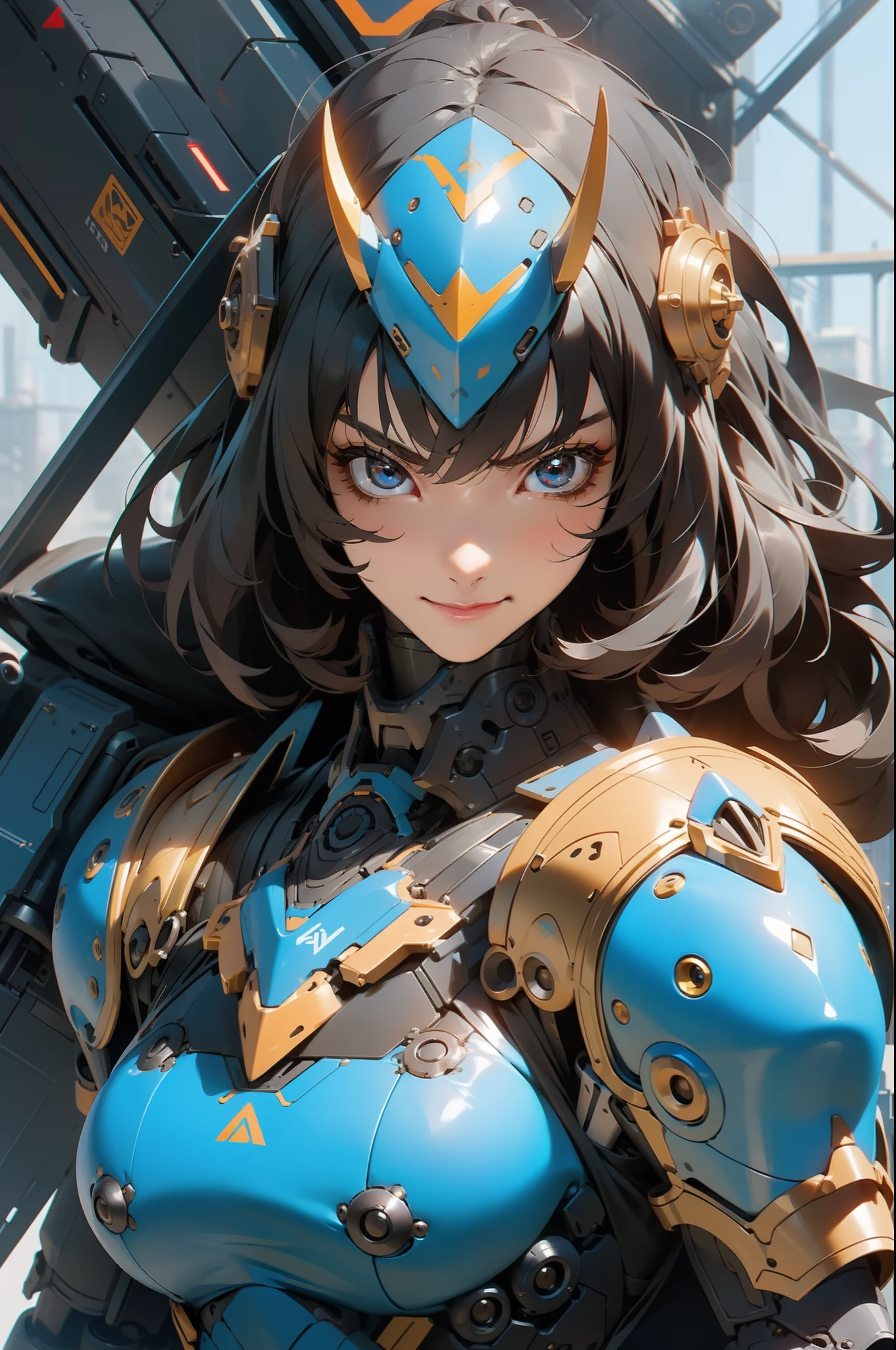 1girll, full-figure, Gorgeous girl, Black hair, Black eyes, Beautiful face, (Masterpiece, Highly detailed) Futuristic knight armor, Blue heavy armor, Right shoulder cannon, (Highly detailed, High quality, Masterpiece) Futuristic sword in the left hand, floating in air, view the viewer, menacing look, cyberpunk city in background