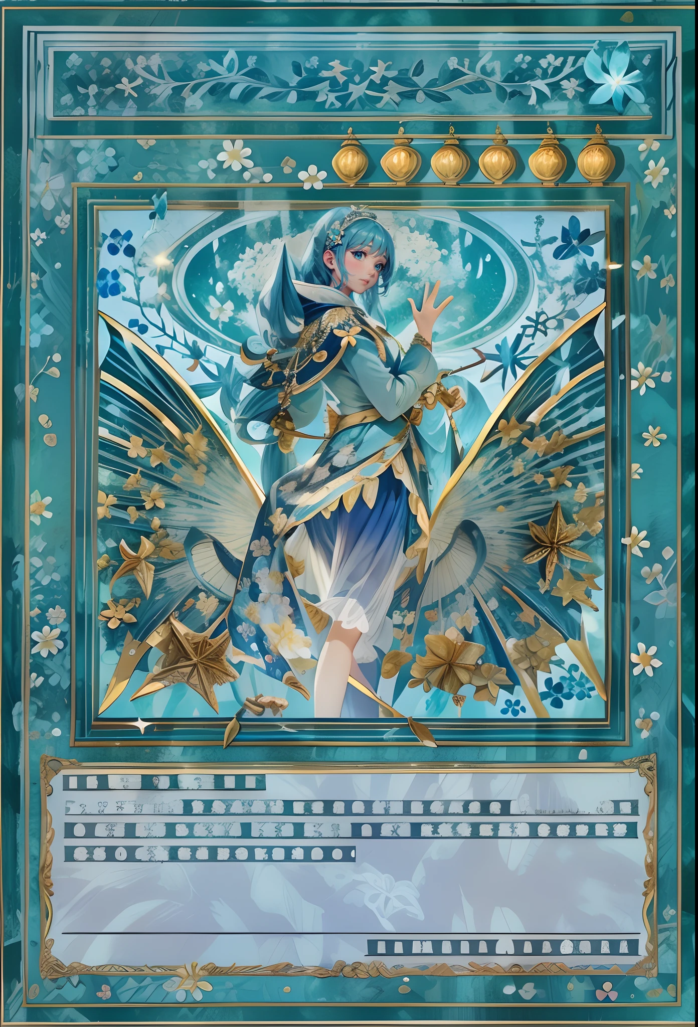 Draw as is，Blue Fairy，Large skirt，Ocean blue floral border，Normal posture