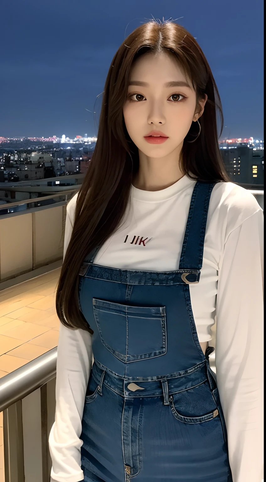 ((Midnight, Best quality, 8k, Masterpiece :1.3)), Whole body, Long legs, Sharp focus :1.2, A pretty woman with perfect figure :1.4, Slender abs :1.1, ((Dark brown hair, Big breasts :1.2)), (White tight tshirt, Jean bib, Standing:1.2), ((Night city view, Rooftop:1.3)), Highly detailed face and skin texture, Detailed eyes, Double eyelid