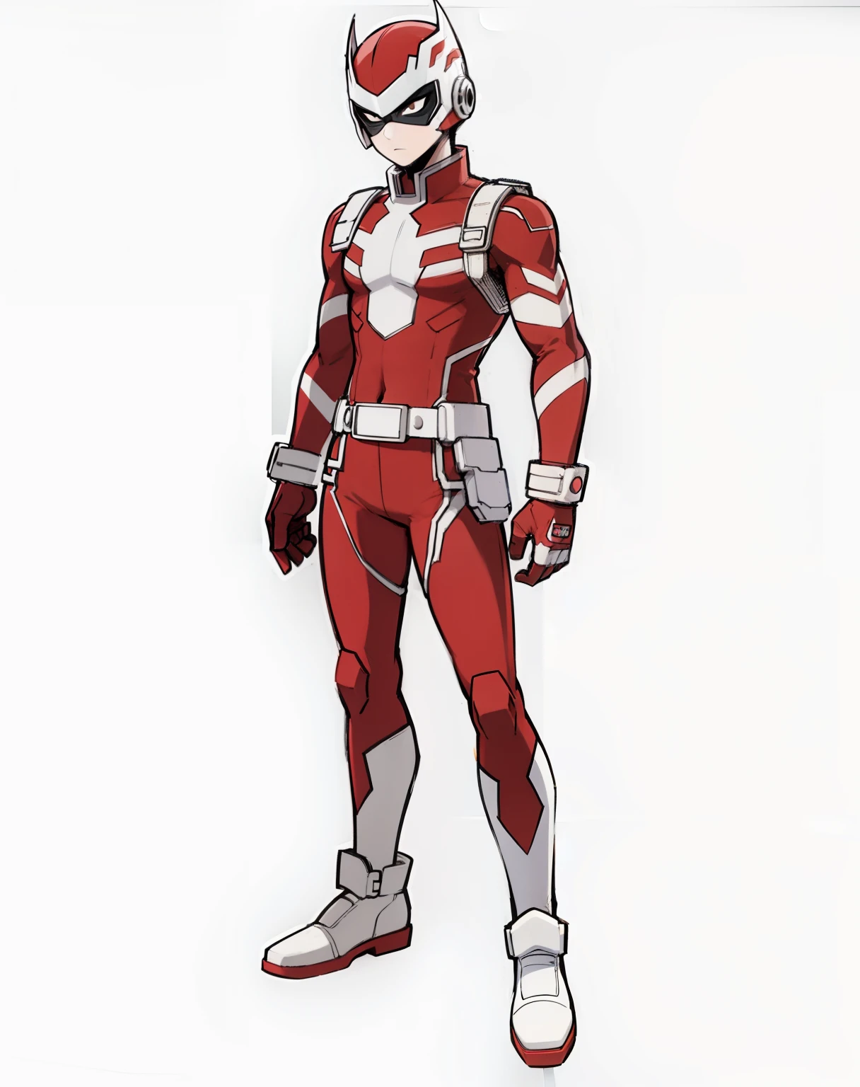 My Hero Academia style, anime boy, male, young male, trending on artstation pixiv, (full body shot:0.5), head covering, helmet, face covering, mask, hero suit, full body suit, red suit with white details, Perfect anatomy, Super Detailed,