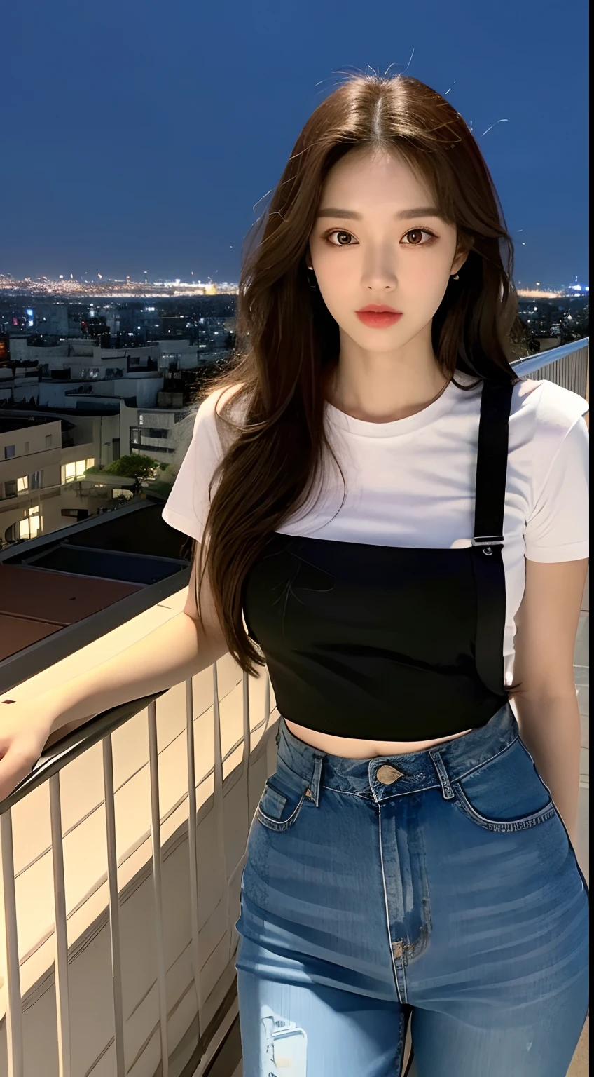 ((Midnight, Best quality, 8k, Masterpiece :1.3)), Whole body, Long legs, Sharp focus :1.2, A pretty woman with perfect figure :1.4, Slender abs :1.1, ((Dark brown hair, Big breasts :1.2)), (White tight tshirt, Jean bib, Standing:1.2), ((Night city view, Rooftop:1.3)), Highly detailed face and skin texture, Detailed eyes, Double eyelid