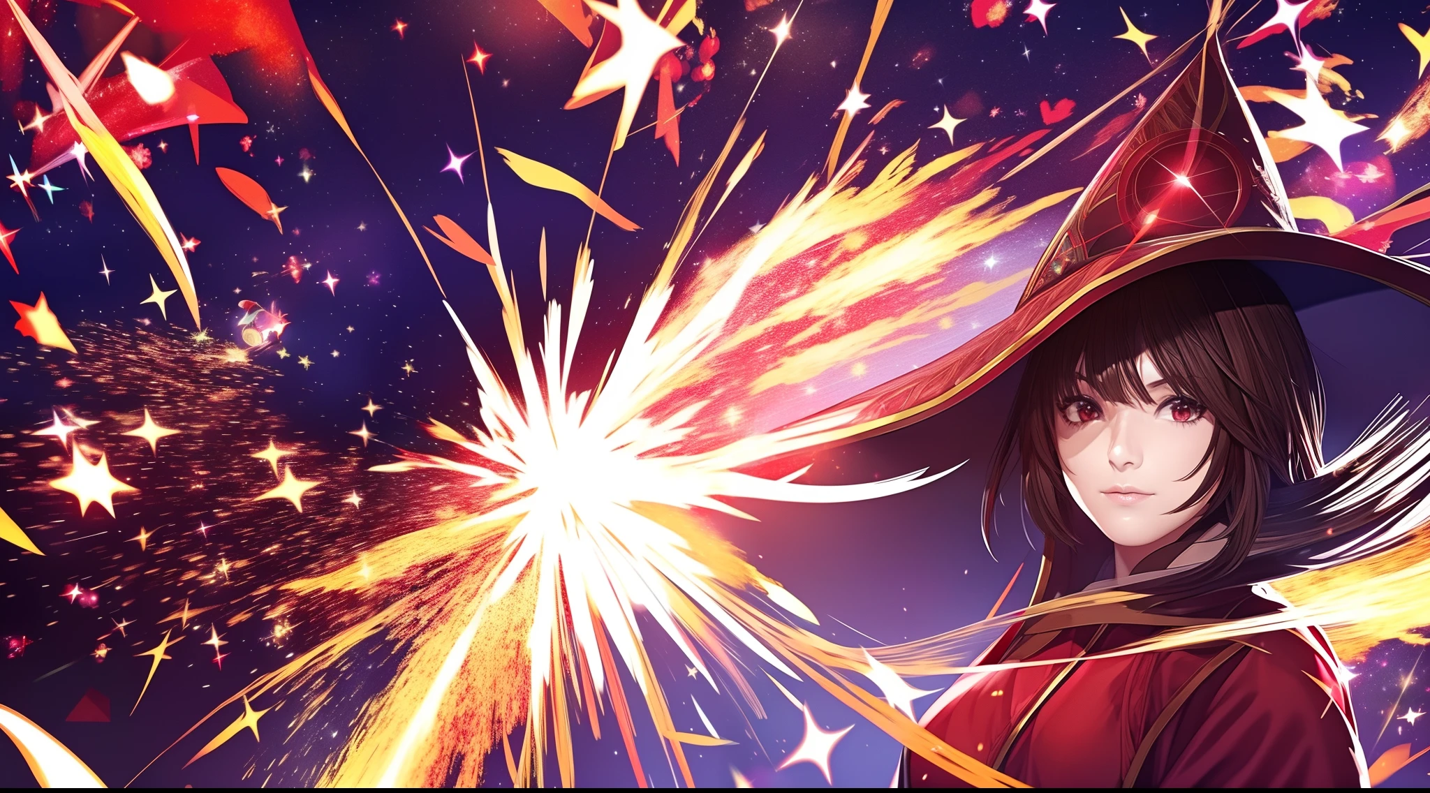 (focused upper body, only 1 girl, wearing red mage robe, sparkling red eyes, short brown hair, wearing mage hat, fire explosion background), nice perfect face with soft skin, intricate detail, 8k resolution, masterpiece, 8k resolution photorealistic masterpiece, professional photography, natural lighting, detailed texture,