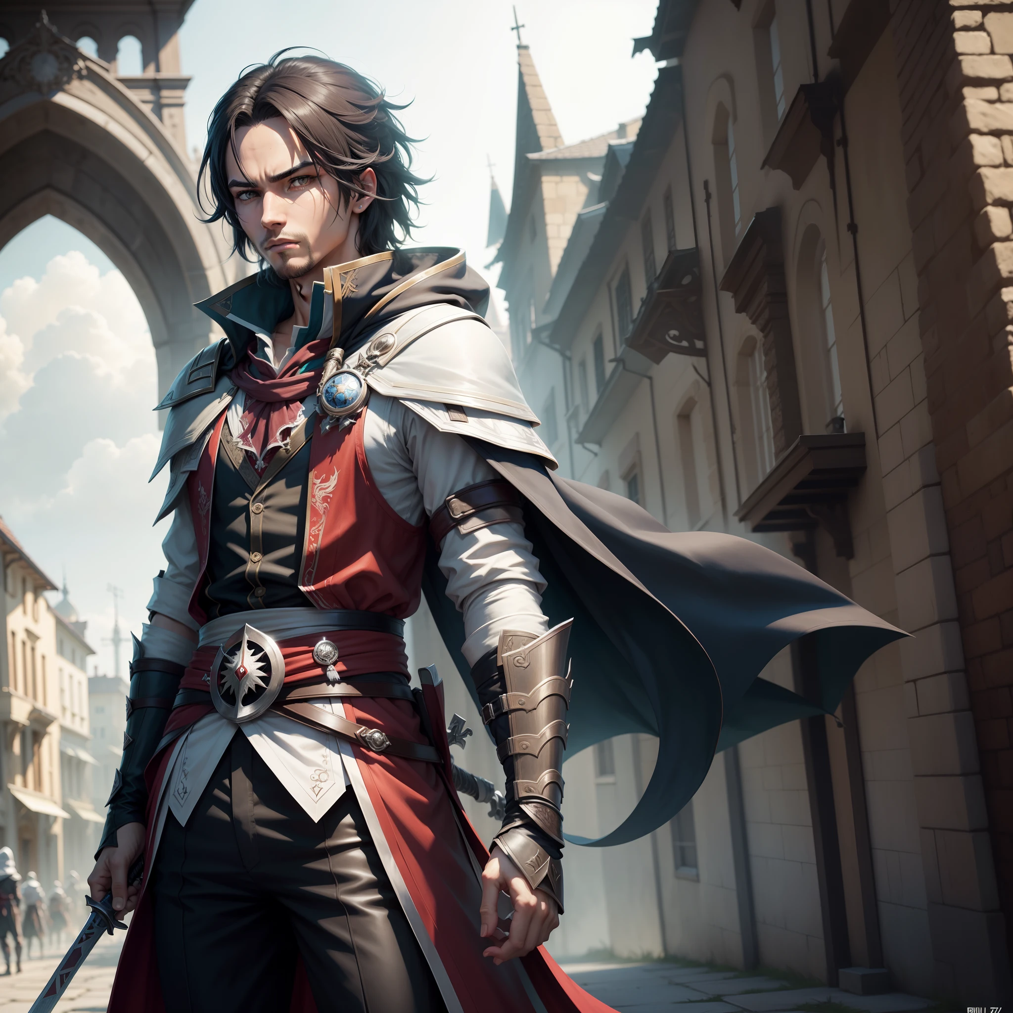 personagem masculino de anime com espada, cara bonito na arte demon slayer, fanart requintada altamente detalhada, bela arte de anime, Arte no estilo de Guweiz, paper awesome wallpaper, bela arte de anime, olhos azuis , personagem da realeza, cabelo curto e preto, fogo, roupa atual, adolescente, alta qualidade, assassin's Creed