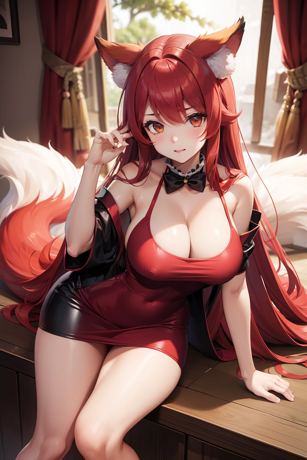 big breast, kitsune girls, long red hair, short tight dress