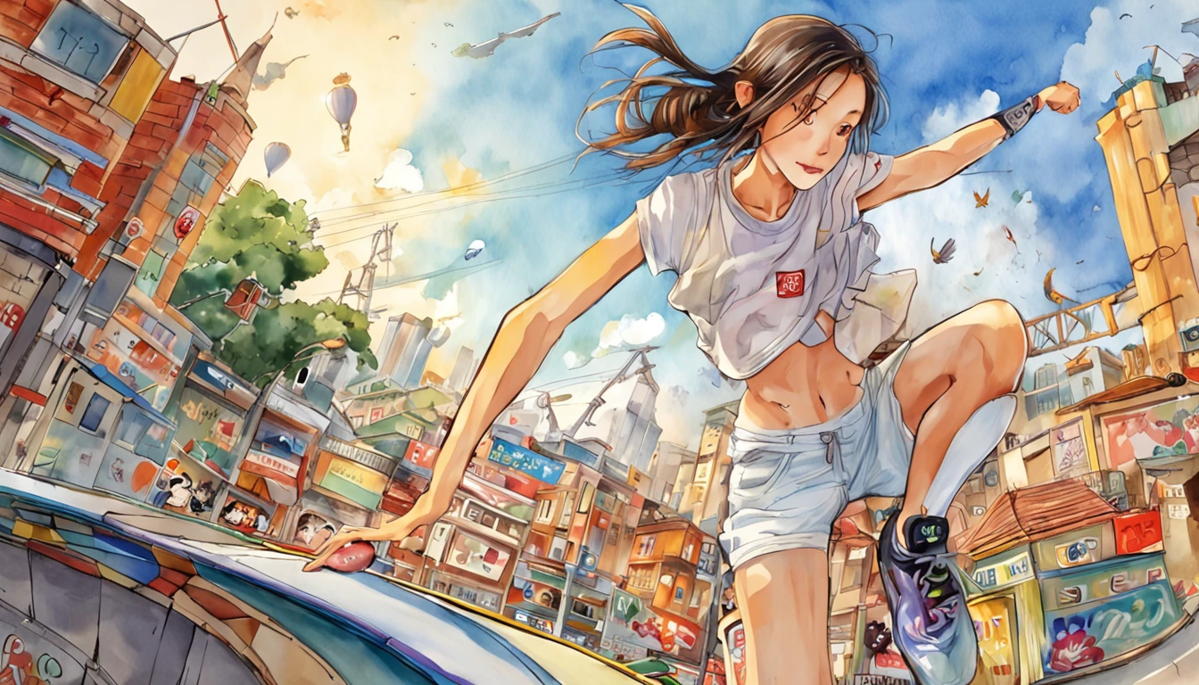 Girl Standing On Skateboard，flying though the air，overlooking a city，There are roller coaster tracks all over the city。Presents a wormeye perspective，Based on the work of Eiichiro Nakata in Weekly Shonen《One piece》Cover art style is style。