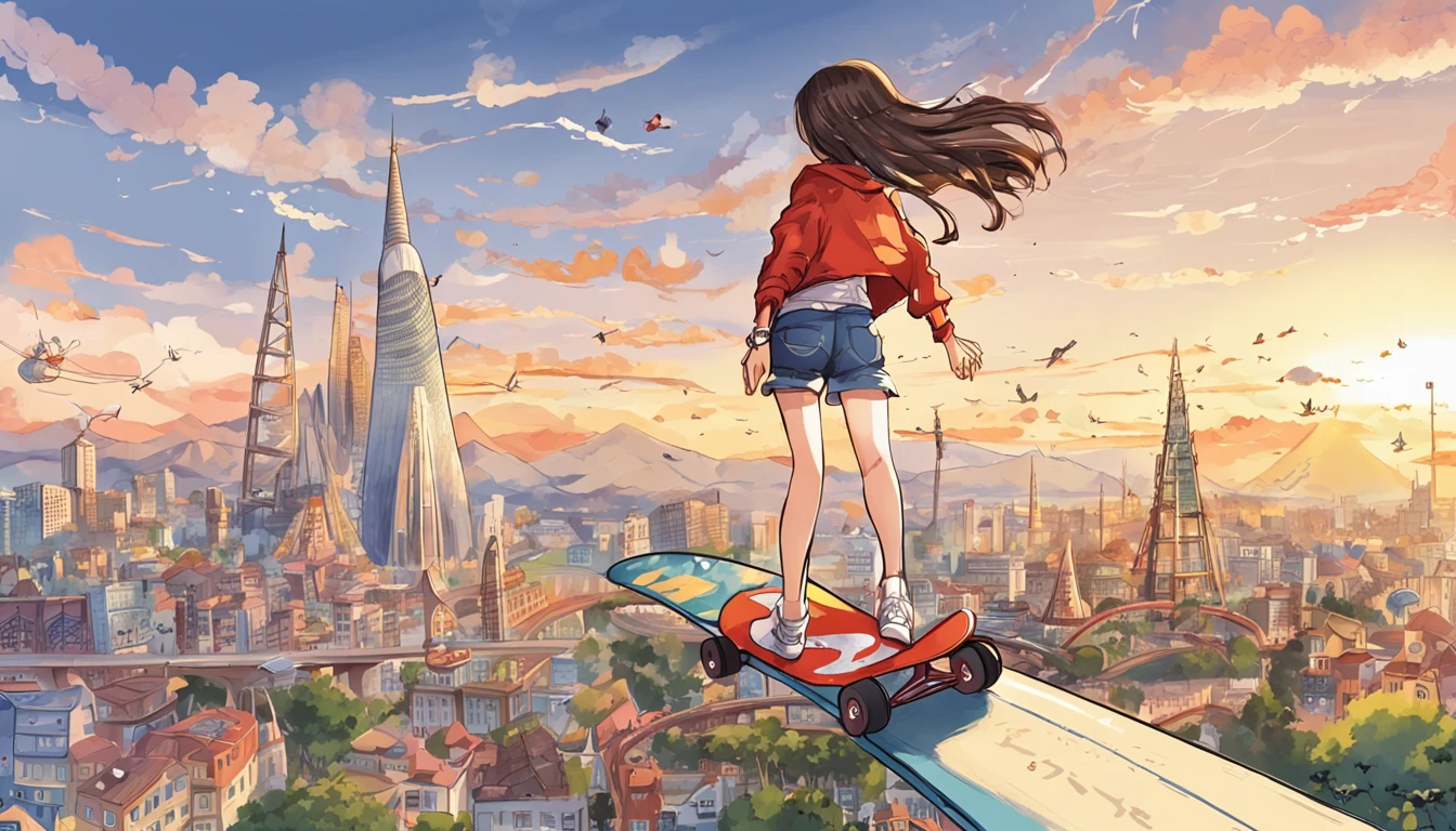 Girl Standing On Skateboard，flying though the air，overlooking a city，There are roller coaster tracks all over the city。Presents a wormeye perspective，Based on the work of Eiichiro Nakata in Weekly Shonen《One piece》Cover art style is style。