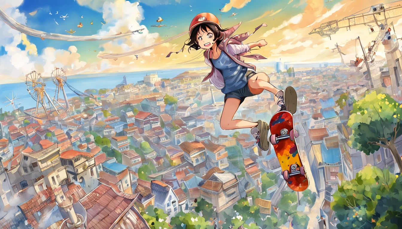 Girl Standing On Skateboard,flying though the air,overlooking a city,There are roller coaster tracks all over the city。Presents a wormeye perspective,Based on the work of Eiichiro Nakata in Weekly Shonen《One piece》Cover art style is style。