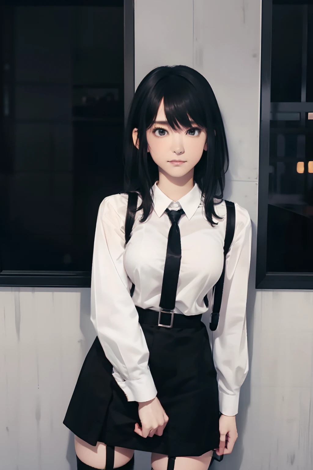 a black skirt, neck tie, Cutter shirt suspenders, Long Black Hair, Gray eyes, holster, Garter belt on the legs, , Big breasts, Pichi Pichi clothes, both sides deadpan Behind