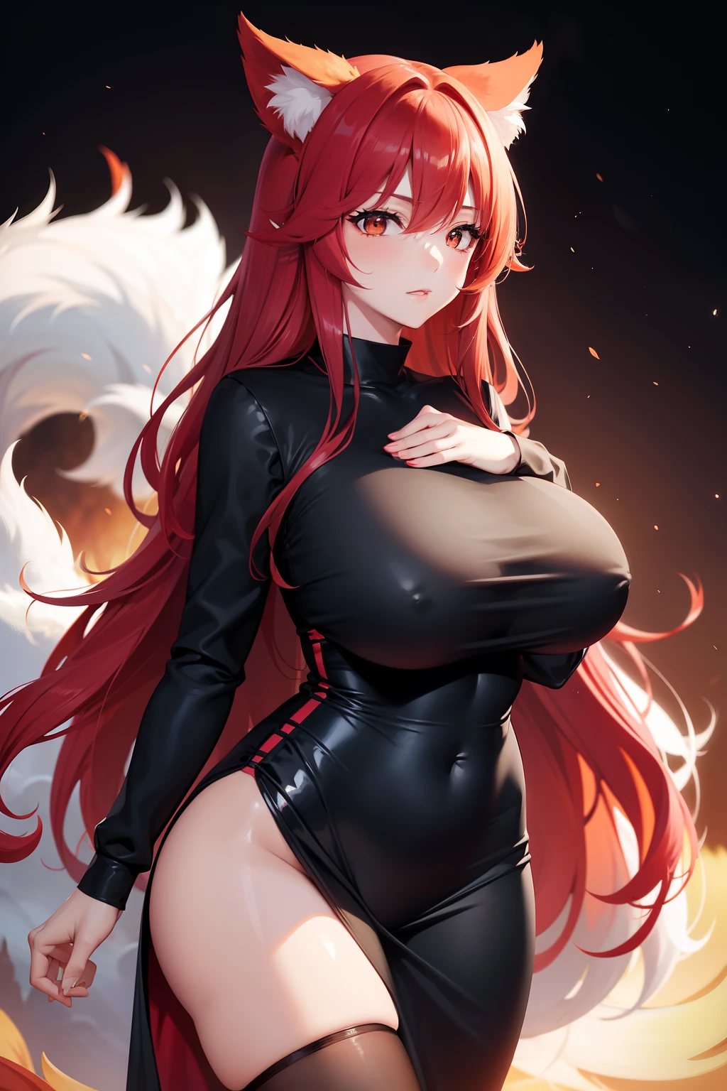 big breast, kitsune girls, long red hair, short tight black dress
