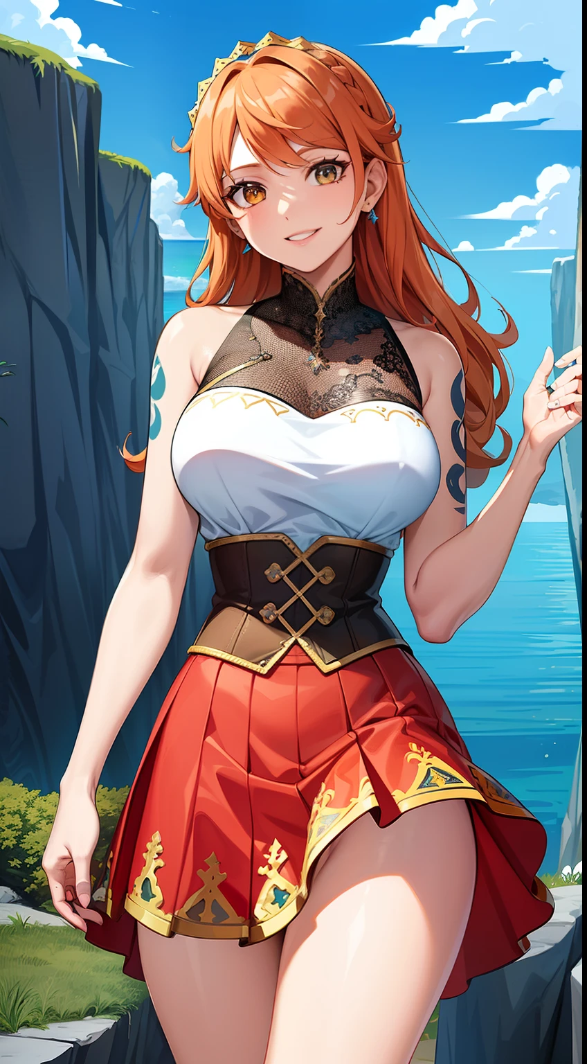 masterpiece, ((ultra detailed background, delicate pattern, intricate detail)), (highly detailed, fine details), best quality, beautiful lighting, ((medium breasts, slim girl)), NamiFinal, ((Skirt,top)), simple shirt, 1girl, orange hair, solo, long hair, jewelry, brown eyes, smile, earrings, ((blue tattoo, left shoulder tattoo, hyperdetailed tattoo)), (complex detailed background, barren land, rocks, ocean, oustide, nature environment), (cowboy shot),