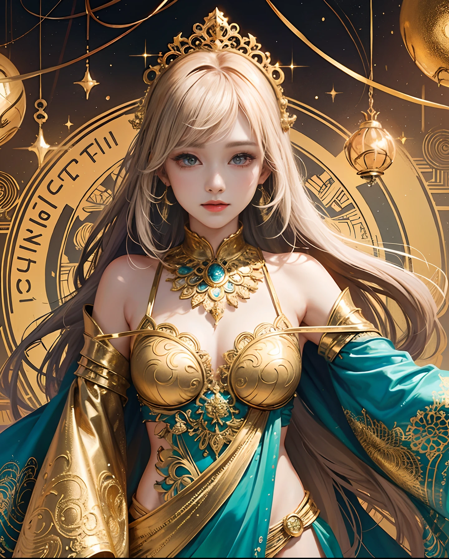 PerfectNwsjMajic,(masterpiece、top-quality、top-quality、Official art、Beautifully Aesthetic:1.2)、(1girl in)、ighly detailed、colourfull、highestdetailed、Official art、Unity 8k壁纸、ultra-detailliert、Beautifully Aesthetic、Beautiful fece、masterpiece、top-quality、(Zentangle、a Mandala、Tangles、Entanglement)、Holy Light、gold foil、Gold leaf art、glitter drawing、pure、There are also resilient messages, Overcoming and hope. Breasts are small and B size、Eyes are double, Beautifully detailed、