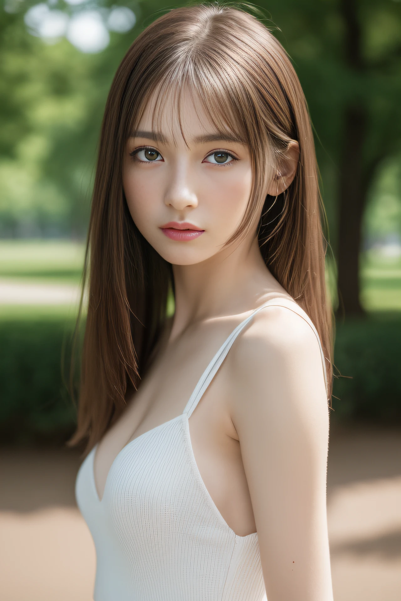 high resolution, RAW photo, photorealistic, extremely delicate and beautiful, extremely detailed, finely detail, extremely detailed CG unity 8k wallpaper, ultra-detailed, (best quality, 8k, 32k, masterpiece, UHD:1.2), Photo of Pretty Hungarian model, 1girl, solo, (17 years old), beautiful and detailed face, beautiful and clear eyes, delicate figure, medium hair, slender body, small breasts, walking in the park