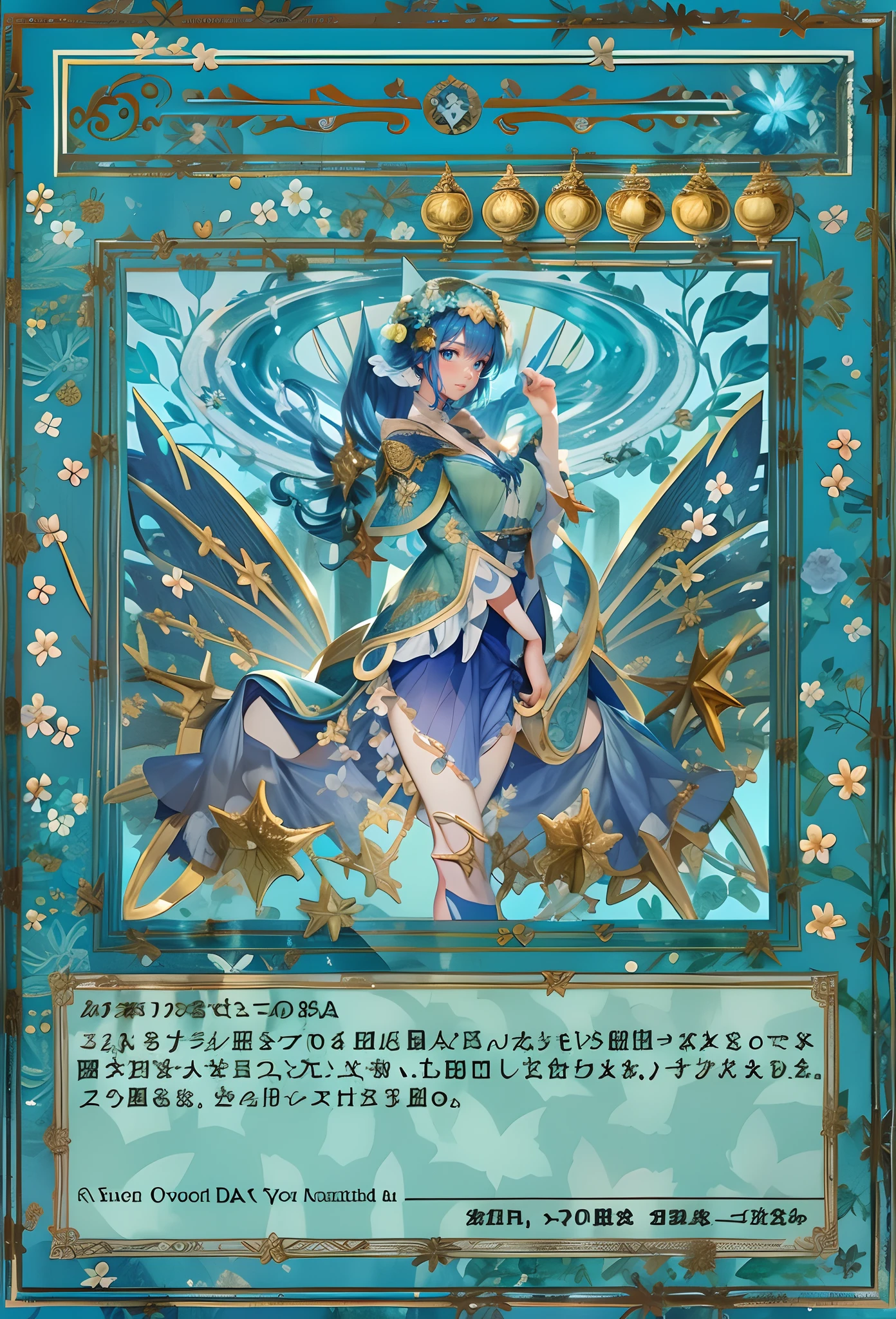 Draw as is,Blue Fairy,Large skirt,Ocean blue floral border,Normal posture