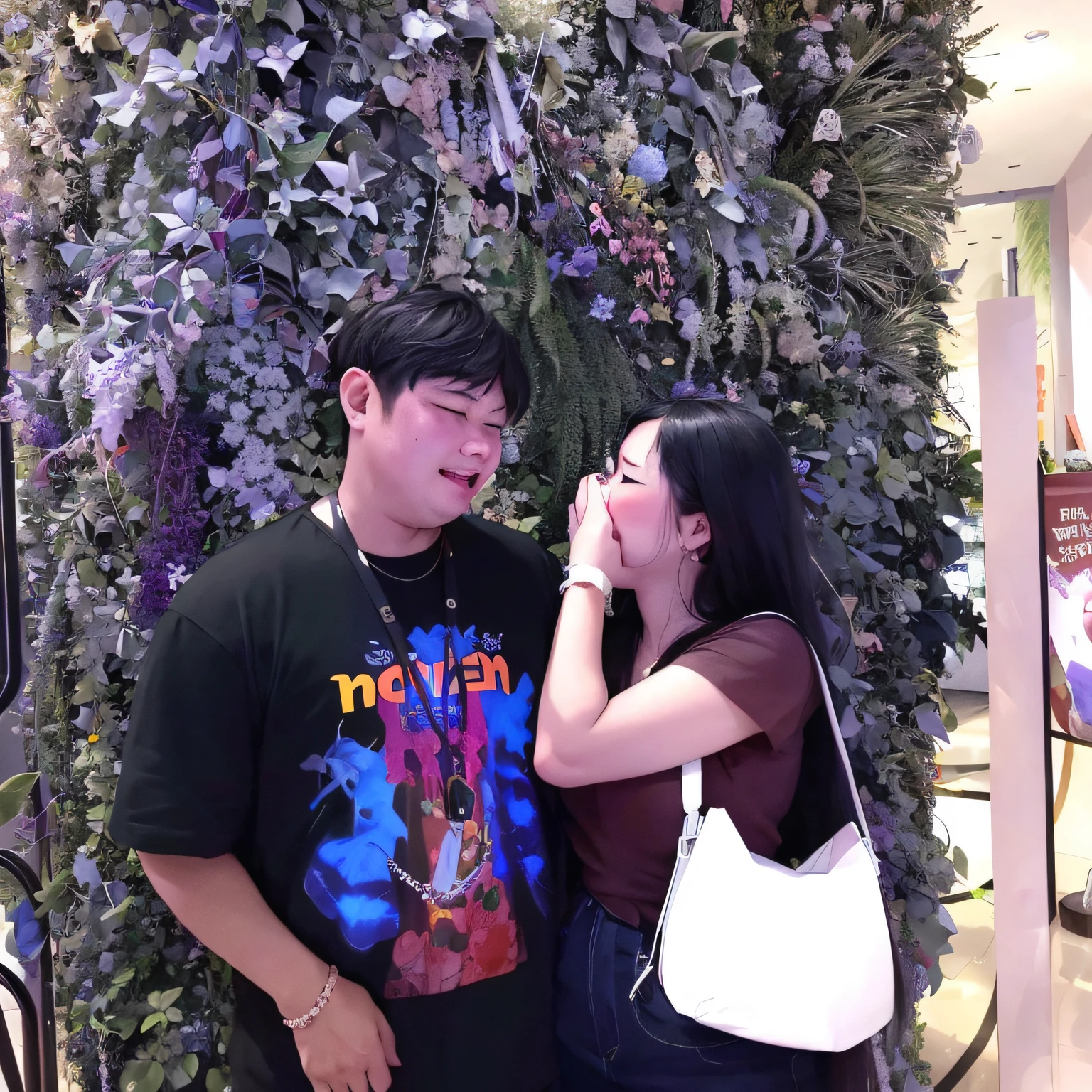 they are standing in front of a wall of plants and plants, 😭🤮 💔, 😭 🤮 💕 🎀, 🤬 🤮 💕 🎀, ruan jia and brom, appearing in a shopping mall, in a mall, with ivy, kissing together cutely, 😭 🤧 💔, facebook post, they are in love, with her long, at a mall
