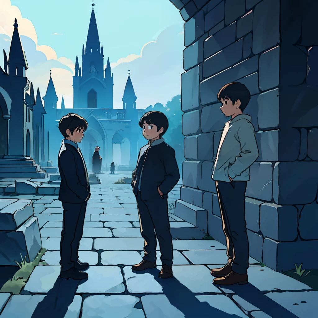 3 boys,Watch intently,standing on your feet,There are huge stone monuments around