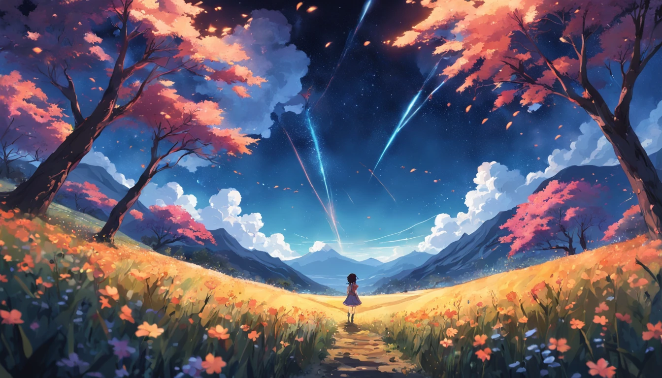By Shinkai Makoto, Vast landscape photos , (a view from below that shows sky above and open field below), a girl standing on flower field looking up, ( shooting stars:0.9), (nebulas:1.3), distant mountain, Tree Break Production Art, (Warm light source:1.2), (firefly:1.2), apples,