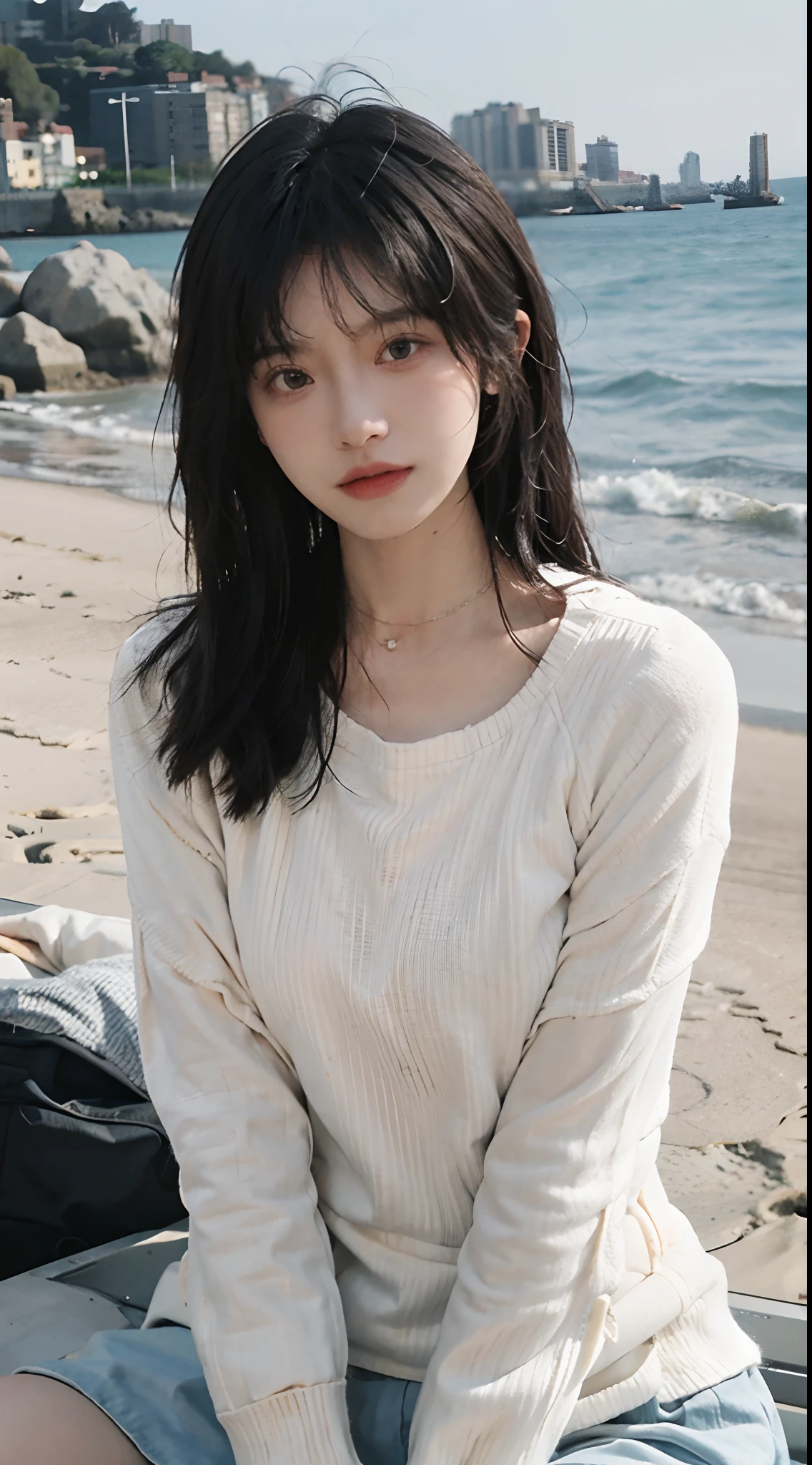 best qualtiy， 超高分辨率， （realisticlying：1.4），cute hairpin，1girll，with long coiled hair,Quartered sweater ，Blushlush，Beautiful woman with a slim figure:1.4, Pronounced abs，On the sandy beach,Ultra-fine face，Elaborate Eyes，二重まぶた，choker necklace