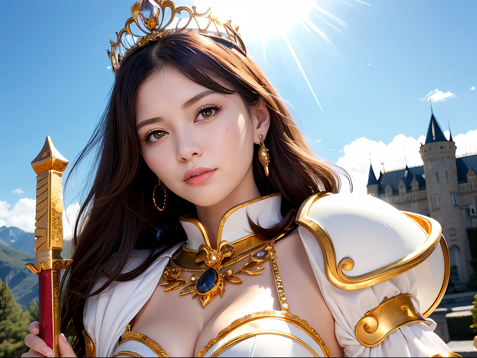 (masutepiece), Professional , masterpiece、top-quality、photos realistic , depth of fields (Gemstone Silver Metal Body:1.9),(Matte White、Jewel Gold Weapon、(Gorgeous castle background)、(ultimate beauty girl)、(Jewel Metal Body:1.4),Gorgeous Jewel Metal Weapons , Detailed Sword of the Brave ,( Soldier background in metal armor) ,warhammer 40k , adepta sororitas,Detail and ornate jewel crown、独奏、Black hair、(Gangle's forest background)、Beautiful Caucasian beauty、1a person、dynamic ungle,(((Diamond tiara with detail and luxury)))、a small face、A smile、Powerful poses、(Gorgeous castle background)、huge filesize、20 year old beautiful woman、Stand in the center of the screen、Thin female fingers、Straight long hair、Beautiful Caucasian beauty、Whole body、,Luminescent particles,light scattering,Tindall Effect、