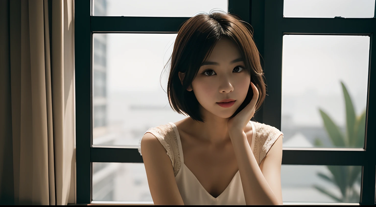 8k, Ultra-high resolution, Highest quality, masterpiece, 三分割法によるphotograph,Surreal, photograph, 1 Girl, (16 years old:1.3), pretty girl, Cute Face, Beautiful eyes in every detail, 細かくdetailedに,masterpiece,One Girl:1.2,Japanese female announcer,upper body,Serious expression,Black short hair,Bob with bangs,Neat dress,Pencil Skirt, Look forward, Standing posture, Opposition, Dynamic Lighting,Hotel room、 Sharp contours, Light from above, Low contrast, (Side view),Perfect and beautiful face ,完璧でCute Face, Skin with attention to detail, Perfect limbs、Narrow waist,Looking at the audience,(((Ideal body type))),A cup small breasts :2,Portraiture:2,Perfect Anatomy,鮮明なdetailed,detailed,Surreal,Light and shadow,stage lights