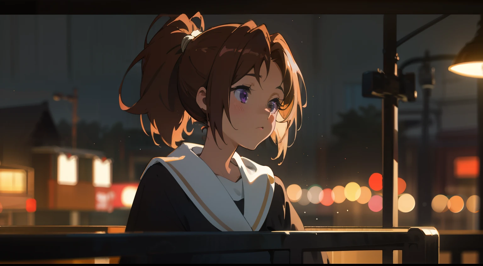 (masterpiece), (best quality),1girl, gorgeous, (perfect face), sitting,cozy, calm, peace, expressive eyes, cute, wood, nature, pony tail, purple eyes, BREAK brown hair, ((frame)), glass, streets, traced lights,modern, BREAK bokeh, depth of field, blurry background, light particles, backlight, night, colorfull, highres, absurdes,cinematic