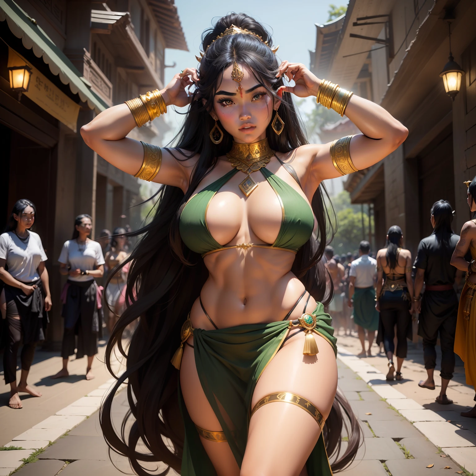Female Khmer warrior, long black hair, dark brown tanned, Armour on, bangles, Angkor temple, full body, holding weapon, sexy tied hair up, crowd on the head, wearing jewelry, Sak yant tattoos on the arm, curvy body, wear green wrap sarong outfits, dark skinned, cute face, big lips, Diamond shape faces, wide nice nose, defined features on the face, apsara jewelry on, gold leaves jewelry, fighting at war