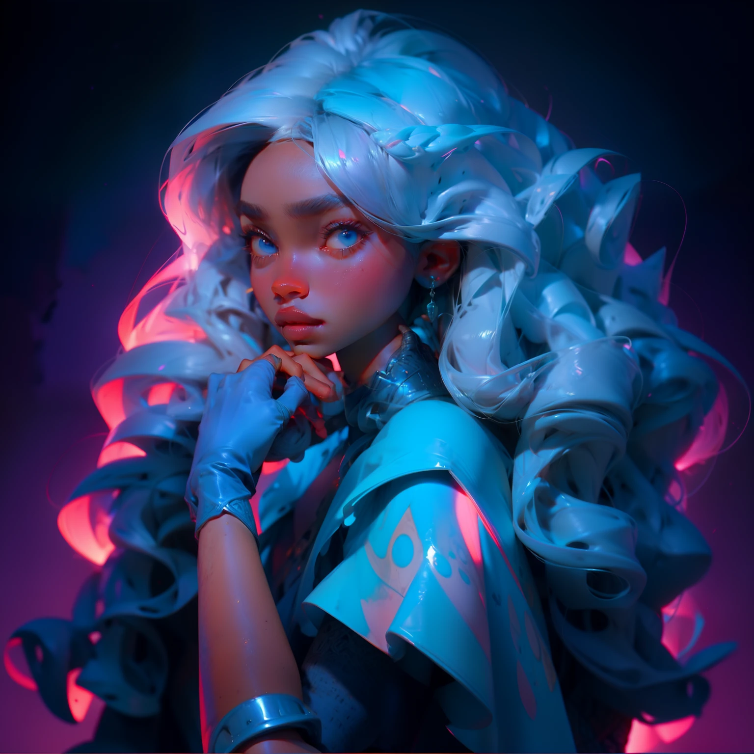 Solid back ground black dark skin African girl with long curly hair in fantasy princess clothing pastel blue colors with gloves grey hair and blue eyes Madison beer style realistically ultra realistic