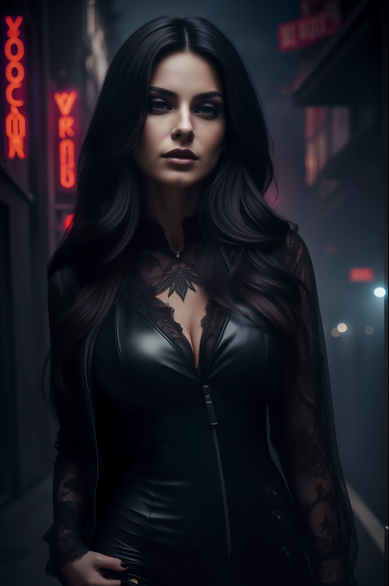Picture of a italian woman, 25 years old, sexy body, thick body, long hair, sexy gothic woman, vampiric appearence, black monarchy clothes, palid skin, realistic skin texture, perfect face, beatiful face, beatiful makeup, looking serious, doing a evil pose, looking at camera. Urban city night background, street, neon lights, fog. Realism, very detailed, masterpiece, cinematic ambient, cinematic lights, professional photography, impressive, photorealistic, realistic, cinematic composition, volumetric lighting, high-resolution, vivid, detailed, stunning, professional, lifelike, blue, purple, violet and red colorgrading, (good composition).