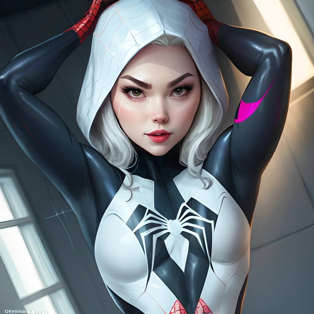 spider gwen, Hot, partial , hightquality, Dynamic Poses, Beautiful, Gorgeous, In love,Short suit, spider in a suit, white black red suit、Miranda Kerr