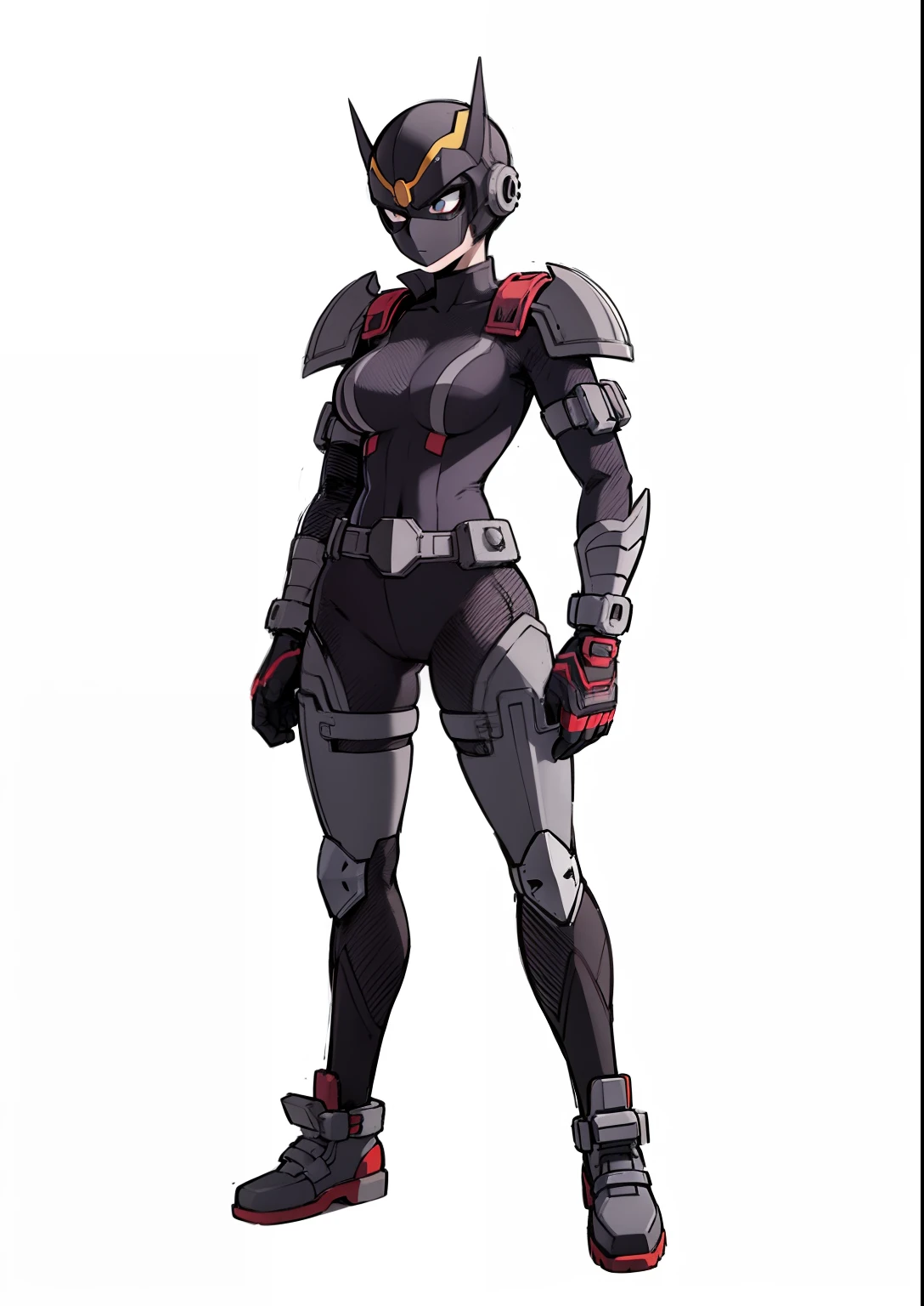 My Hero Academia style, anime Girl, female, trending on artstation pixiv, (full body shot:0.5), wide hips, wide thighs, large breast, head cover, helmet, face cover mask, hero suit, full body suit, black suit with purple lines, Perfect anatomy, Super Detailed,
