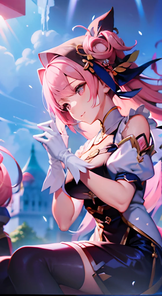 超A high resolution, nffsw, Best aesthetic, Top quality depiction of the foot,I'm surprised with open arms,  Has iridescent hair,　Black hair, Flat Avatar,  Anime visuals of cute girls, Cute art style, Chibi, anime stylized, Shorthair, Ahoge, is shy, A smile, hair adornments, simple background, 耳环, jewely, side locks, large oval eyes, light pink hair,