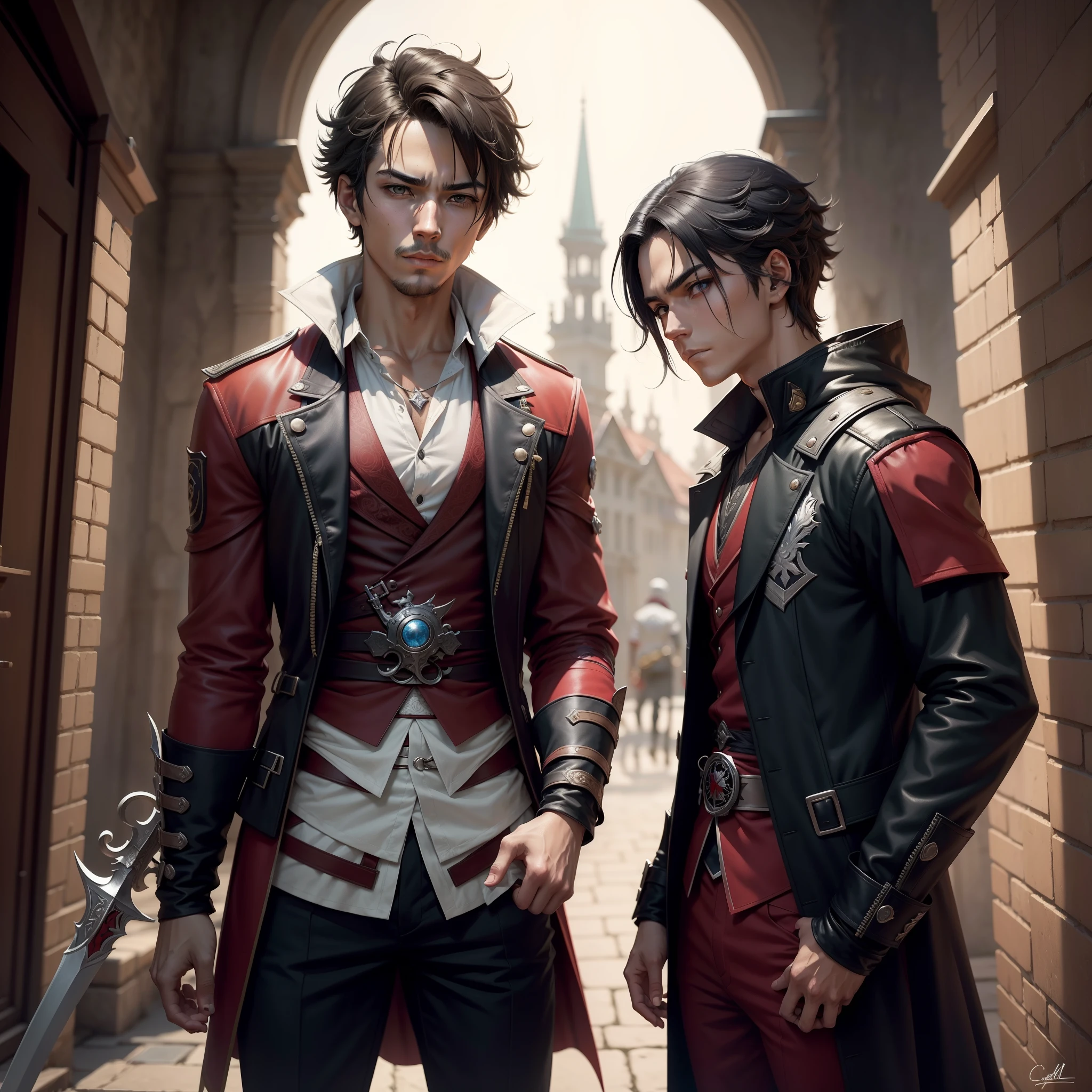 personagem masculino de anime com espada, cara bonito na arte demon slayer, fanart requintada altamente detalhada, bela arte de anime, Arte no estilo de Guweiz, paper awesome wallpaper, bela arte de anime, olhos azuis , personagem da realeza, cabelo curto e preto, fogo, adolescente, alta qualidade, roupa estilo assassin's Creed, sozinho