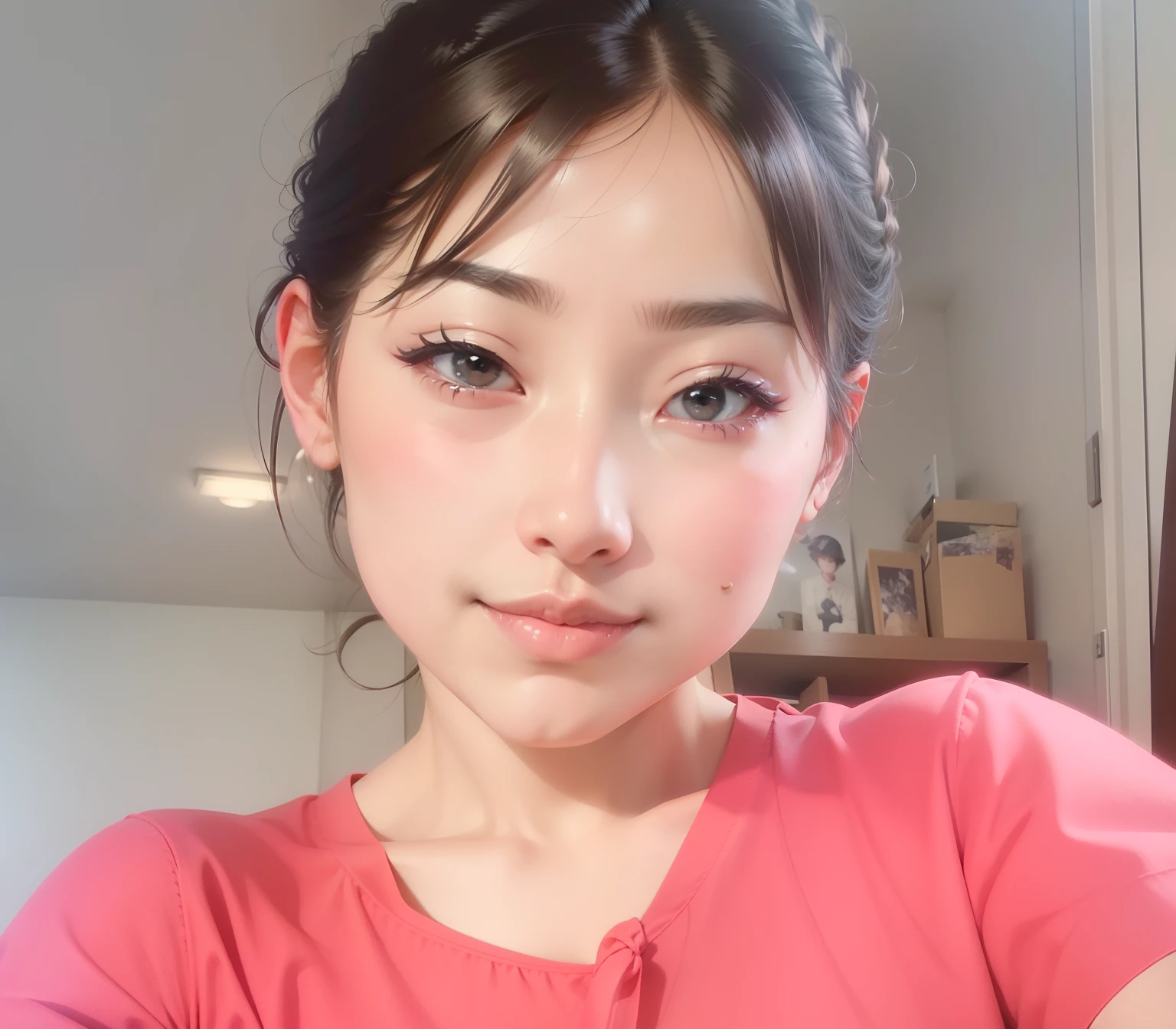 (tareme:1.5),(beautiful face),huge breasts,(cute japanese idol),light makeup,happy,straight hair,open mouth,tongue,sweaty,look at viewer,naughty lingerie