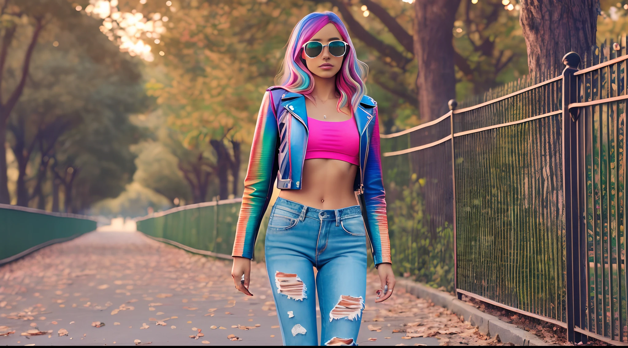 photorealistic, ultra realistic,3D, artstation, cgsociety, 8 k,
award winning photography of a beautiful woman walking at the park, (fashion), (multi color hair:1.2), cheekbones, detailed face, Bejeweled, a nice long leather jacket, torn jeans, topless, (exquisitely detailed skin, perfect anatomy, wide hips, smooth midriff, thigh gap), sunglasses
colorful, vibrant --auto --s2