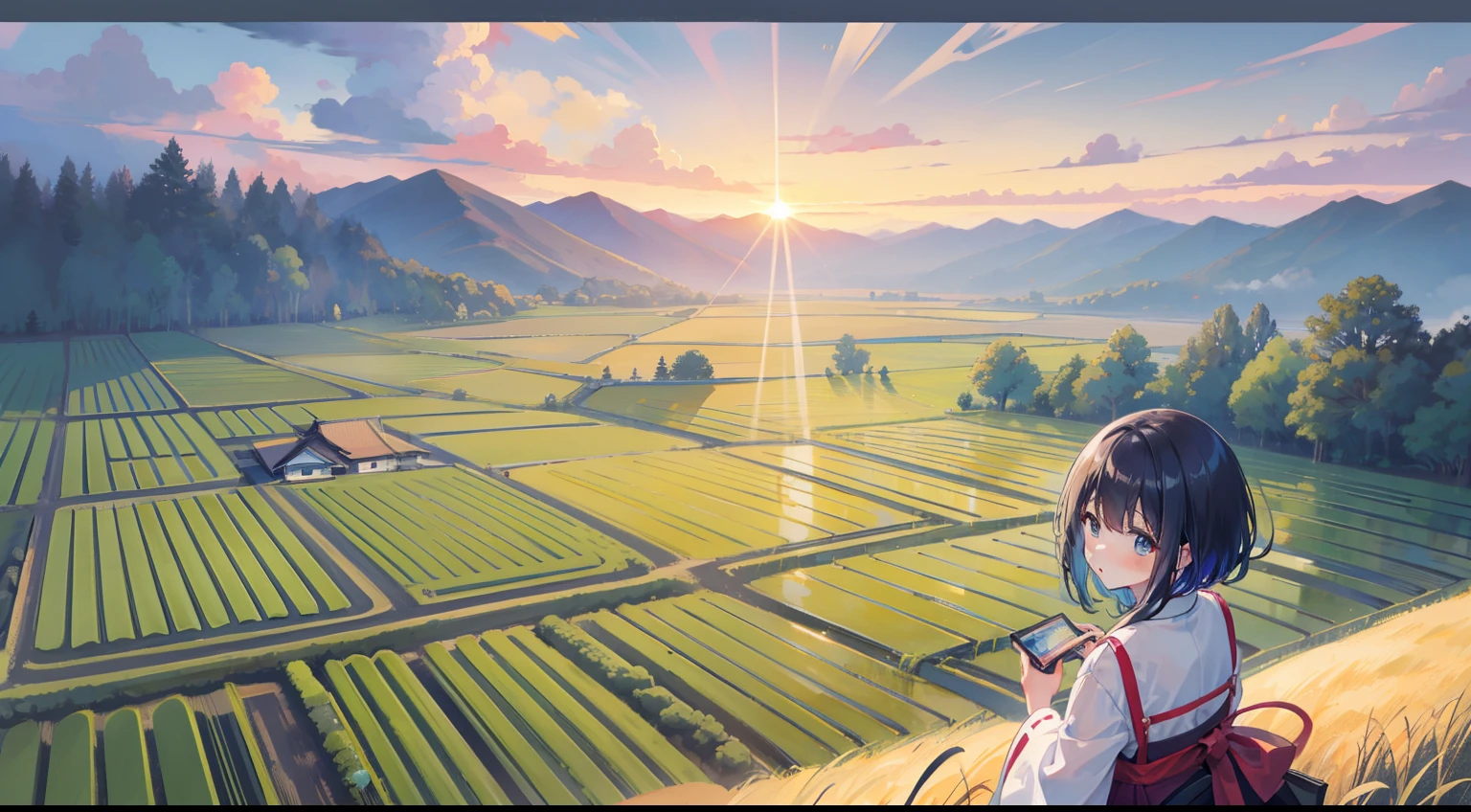 masutepiece, Fine detail, 4K, 8K, 12K, No human, countryside, countryside, Japan traditions, rice field,natta、Iridescent sky、natta、Sunset、Small people、bicycle