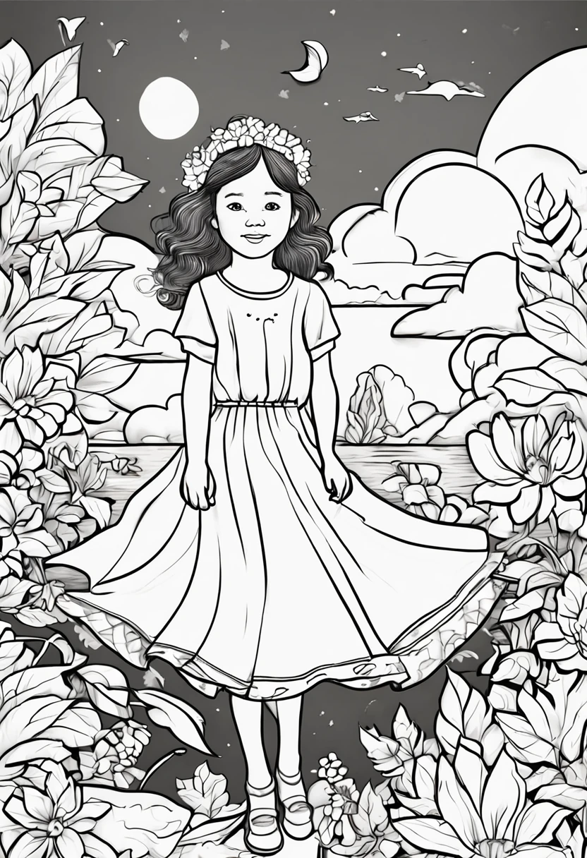 Black&White outline art for kids coloring book page 空と雲, One girl is wearing a dress, Kids coloring pages, full white, kids style, white background, Sketch style,(((((white background))))), only use outline, cartoon style, line art, coloring book, clean line art