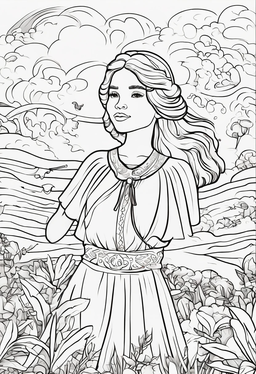 Black&White outline art for kids coloring book page 空と雲, One girl is wearing a dress, Kids coloring pages, full white, kids style, white background, Sketch style,(((((white background))))), only use outline, cartoon style, line art, coloring book, clean line art