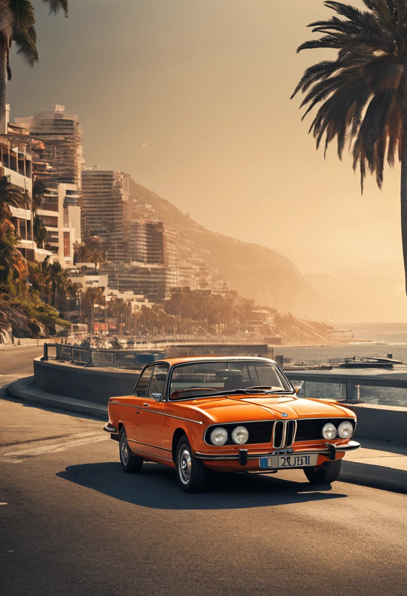 (masterpiece, high resolution, picturesque:1.2), 1970s BMW car, (retro orange exterior:1.1), iconic design, cruising along Harbor Road, (lights reflecting:1.2), bathed in sunlight, sea breeze rustling, (harbor view:1.1), waves lapping the shore, city skyline mirrored, nostalgic ambiance, interplay of light and shadow, rich layers, captivating moment, old-world street view, vintage sentiment, fading moments