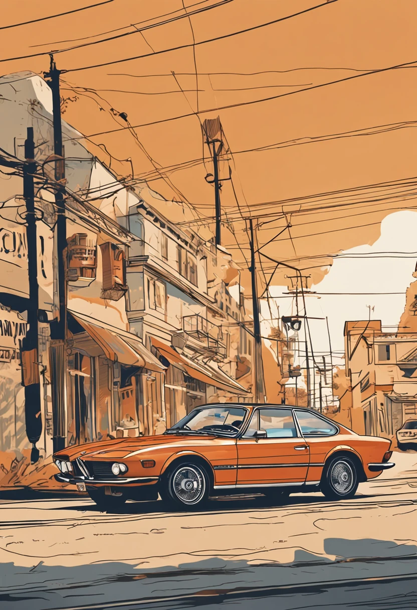 (masterpiece, high resolution, picturesque:1.2), 1970s BMW car, (retro orange exterior:1.1), iconic design, cruising along Harbor Road, (lights reflecting:1.2), bathed in sunlight, sea breeze rustling, (harbor view:1.1), waves lapping the shore, city skyline mirrored, nostalgic ambiance, interplay of light and shadow, rich layers, captivating moment, old-world street view, vintage sentiment, fading moments