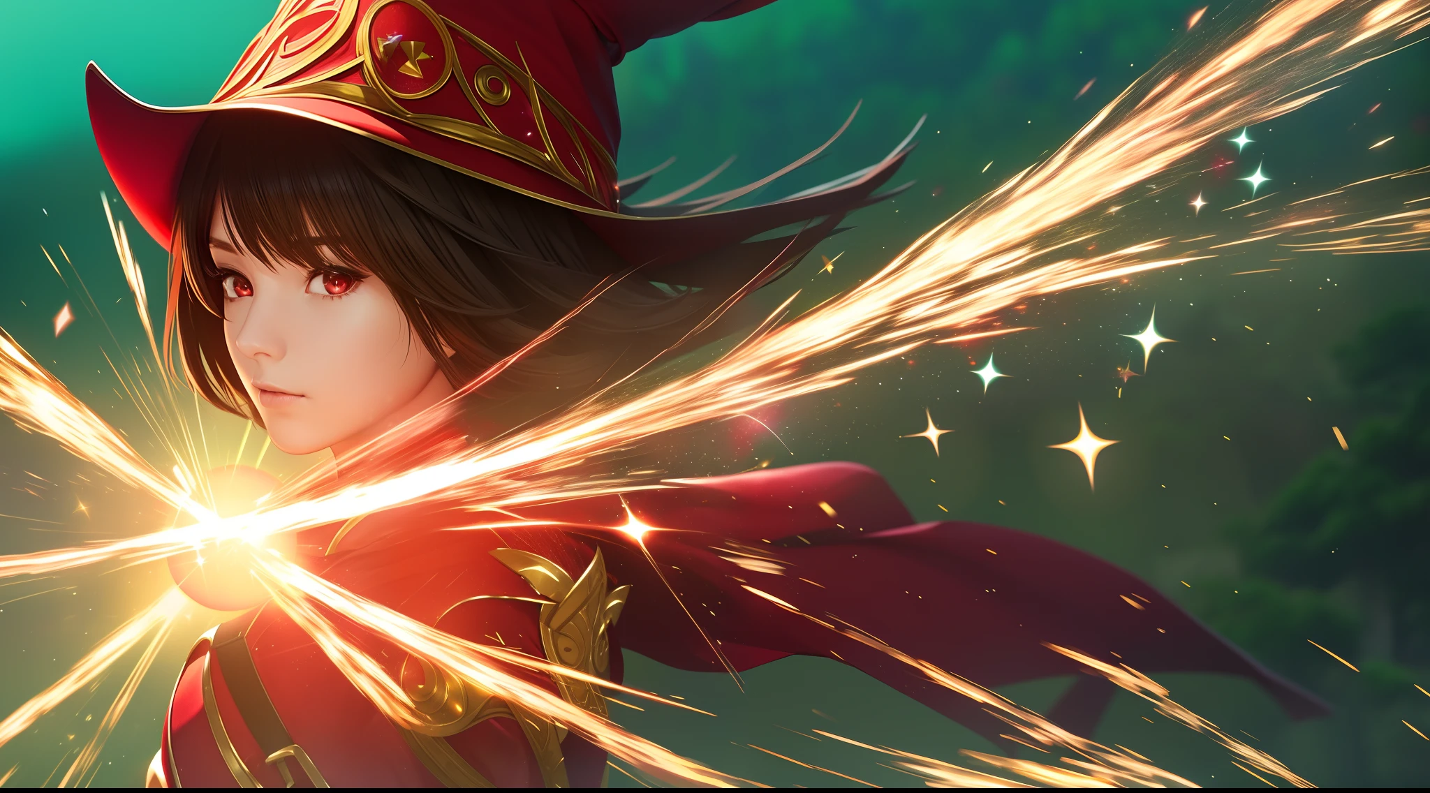 (focused upper body, only 1 girl, wearing red mage robe, sparkling red eyes, short brown hair, wearing mage hat, green hill background), nice perfect face with soft skin, intricate detail, 8k resolution, masterpiece, 8k resolution photorealistic masterpiece, professional photography, natural lighting, detailed texture,