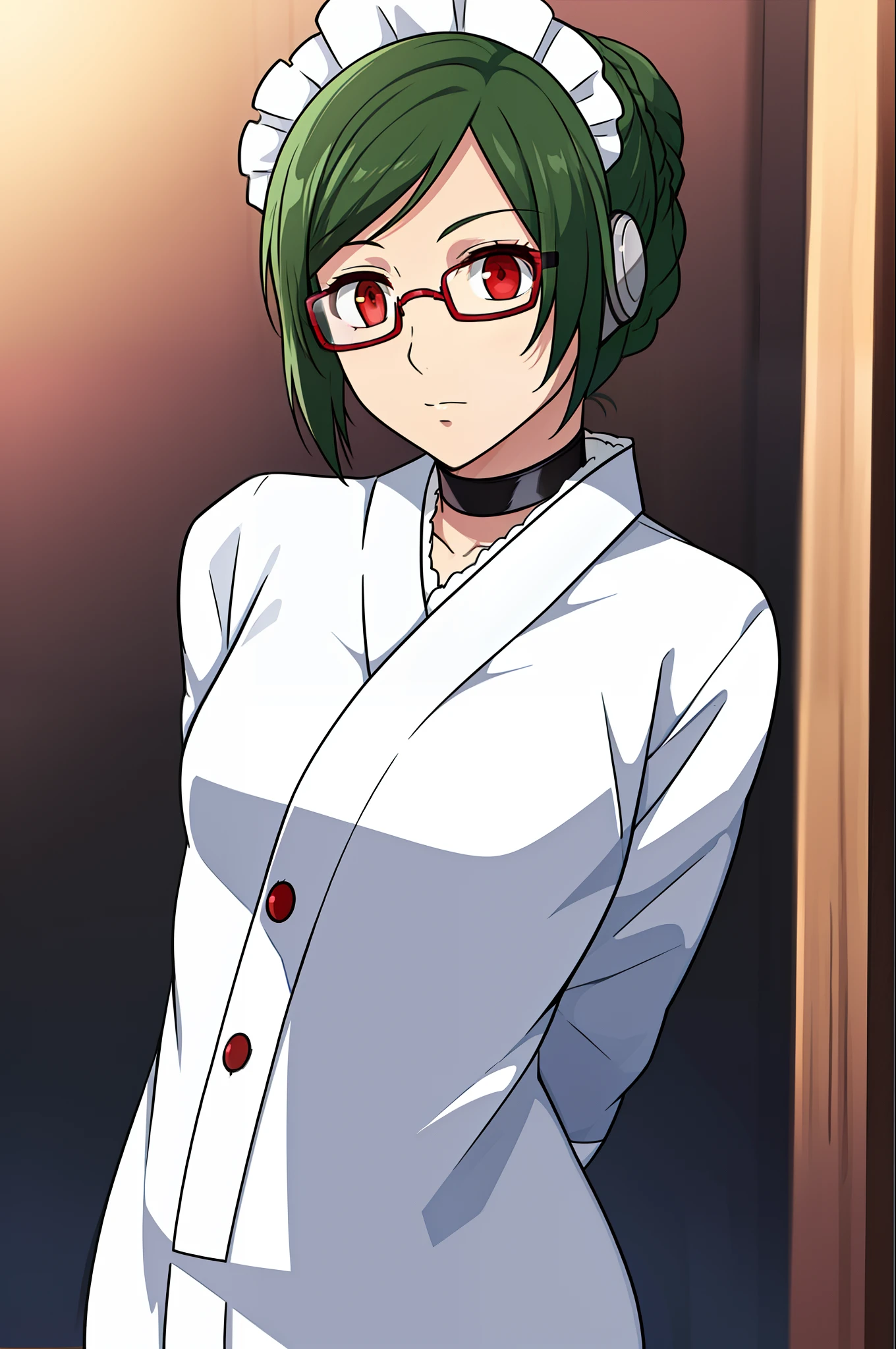 masterpiece, best quality, solo, (detailed eyes:0.9), (detailed lighting, depth of field:0.9), maid, blue kimono, choker, red eyes, symbol-shaped_pupils, expressionless, 
 arms behind back, 
canyon, 
fisheye, 
night, 
cropped legs, 
furled brow,  (((glasses))), ((rim-less eyewear)), secretary uniform, short hair, (((mature female))), tall, beautiful, sexy, medium breast, milf, (eyewear:0.9)