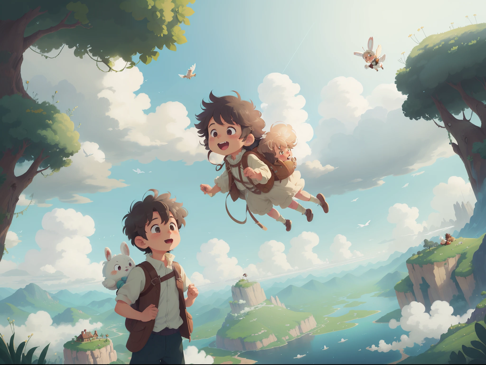 "Create a captivating scene in the style of a fantasy anime, featuring a larger-than-life, big giant fluffy rabbit , soaring through the skies with a sense of wonder. The rabbit's fur should be a symphony of colors, and its eyes should reflect wisdom and kindness. It carries a young little boy on its back, his eyes wide with amazement, his hair ruffled by the wind. Surround them with billowing clouds and a breathtaking landscape below, blending elements of magic and nature. This scene captures the joyous adventure of a boy and his fantastical rabbit companion as they explore the boundless skies together."