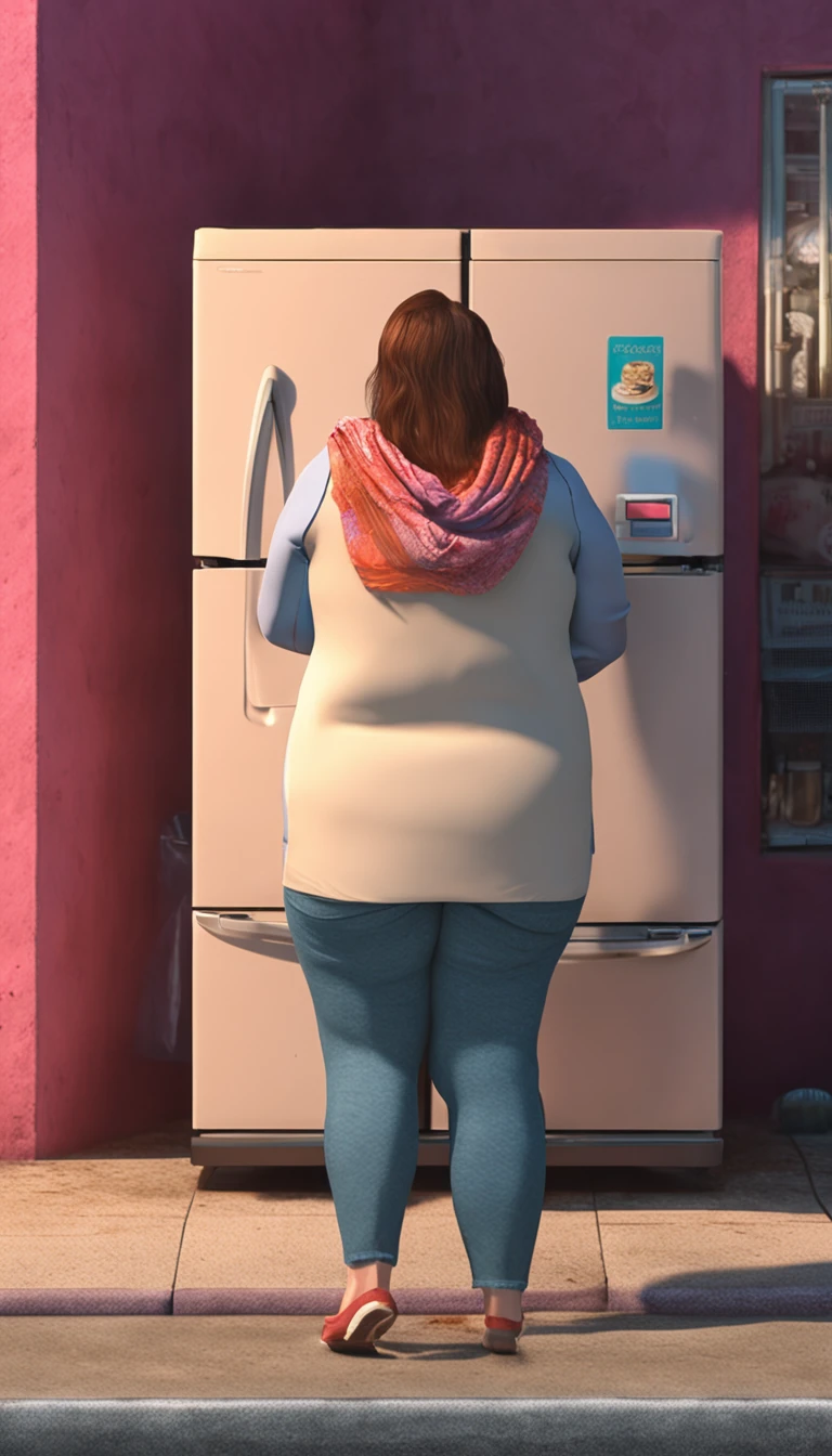 A fat and sad woman, Stop at the refrigerator freight with the refrigerator door open